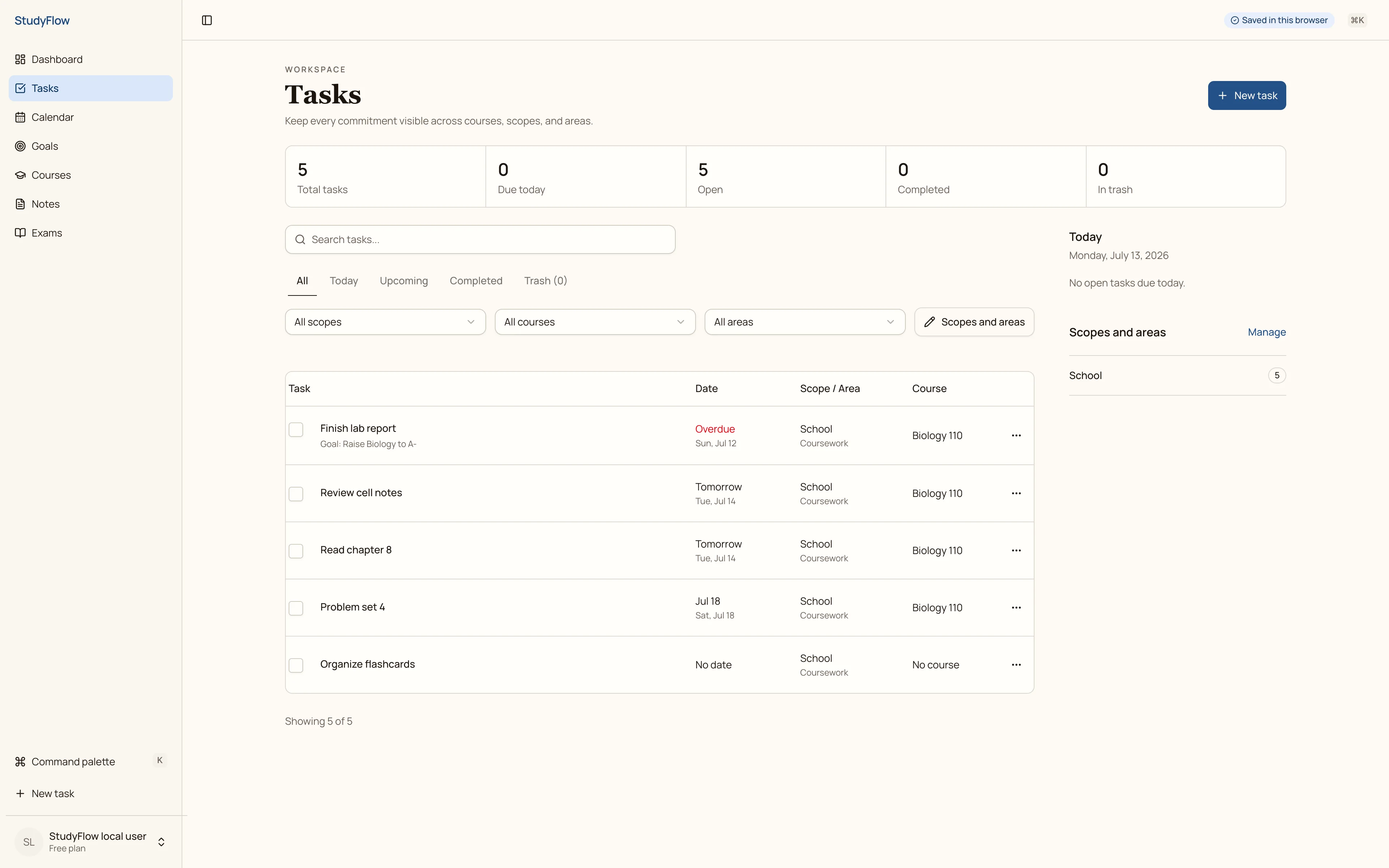 The StudyFlow tasks workspace showing deadlines, filters, linked courses, scopes, and areas